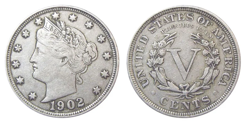 1902 Liberty Head Nickel obverse and reverse showing LIBERTY coronet and V CENTS design