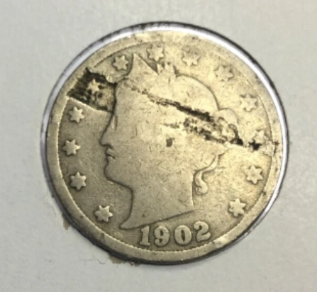 1902 Liberty nickel lamination error showing planchet delamination flaw with metal peeling from coin surface